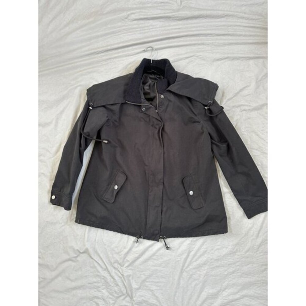 Style & Co Womens Black Coat Small raincoat button zipper‎ hooded Cotton pockets